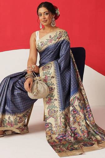 Blue printed silk blend ethnic saree with blouse piece