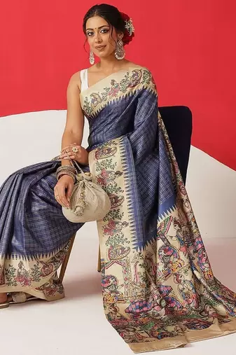 Blue printed silk blend ethnic saree with blouse piece