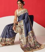 Blue printed silk blend ethnic saree with blouse piece