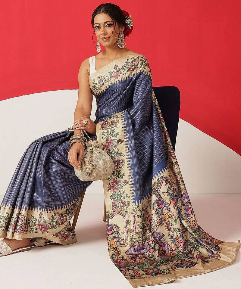 Blue printed silk blend ethnic saree with blouse piece