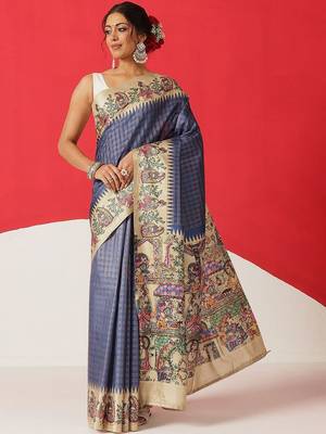 Blue printed silk blend ethnic saree with blouse piece 2