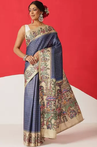 Blue printed silk blend ethnic saree with blouse piece