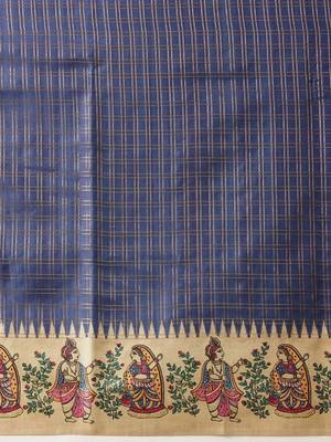 Blue printed silk blend ethnic saree with blouse piece 5