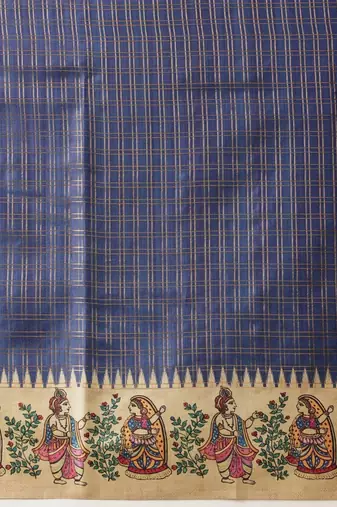 Blue printed silk blend ethnic saree with blouse piece