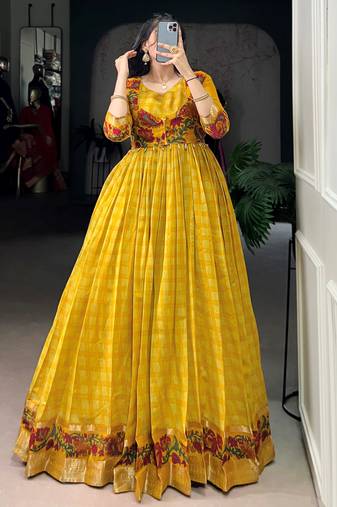 Rich Mustard Yellow Zari Weaving Chanderi Haldi Wear Gown With Koti