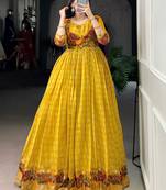 Rich Mustard Yellow Zari Weaving Chanderi Haldi Wear Gown With Koti