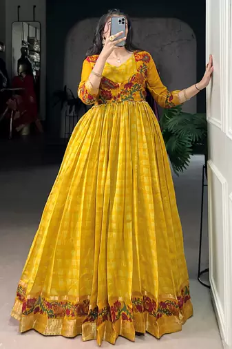 Rich Mustard Yellow Zari Weaving Chanderi Haldi Wear Gown With Koti