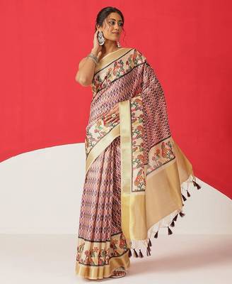 Beige printed tissue traditional saree with blouse piece 1