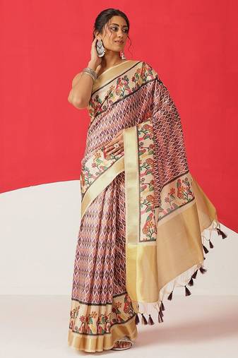 Beige printed tissue traditional saree with blouse piece