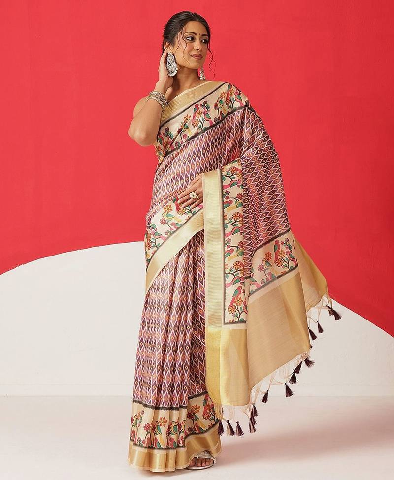 Beige printed tissue traditional saree with blouse piece
