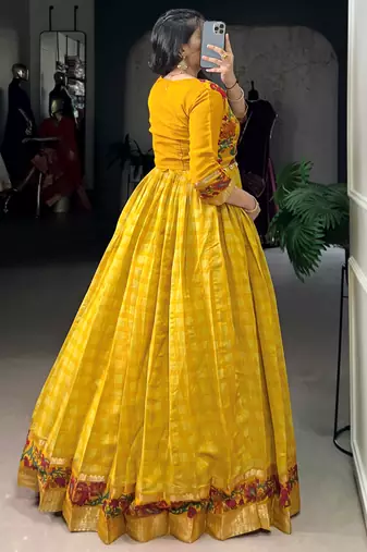 Rich Mustard Yellow Zari Weaving Chanderi Haldi Wear Gown With Koti