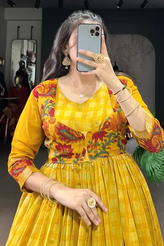 Rich Mustard Yellow Zari Weaving Chanderi Haldi Wear Gown With Koti