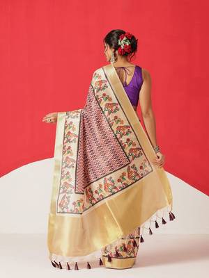 Beige printed tissue traditional saree with blouse piece 2