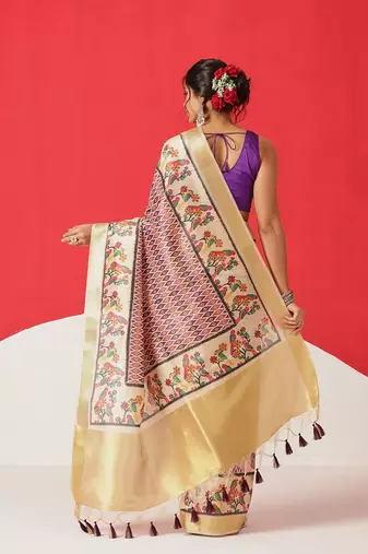 Beige printed tissue traditional saree with blouse piece