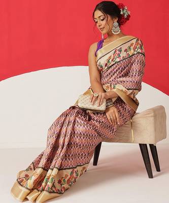 Beige printed tissue traditional saree with blouse piece 3