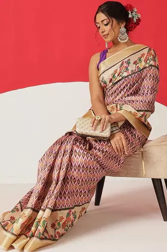Beige printed tissue traditional saree with blouse piece