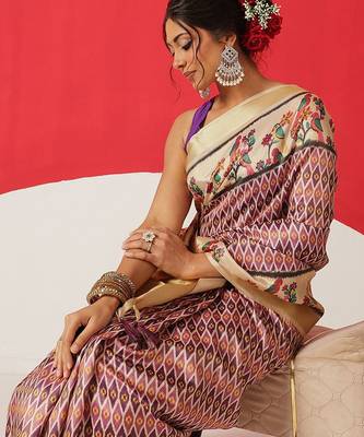 Beige printed tissue traditional saree with blouse piece 4