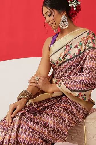 Beige printed tissue traditional saree with blouse piece
