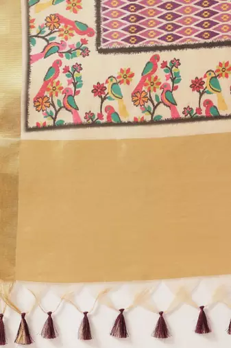 Beige printed tissue traditional saree with blouse piece