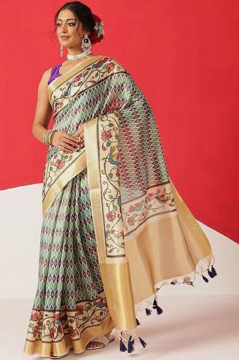 Beige printed tissue traditional saree with blouse piece