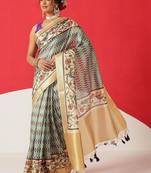 Beige printed tissue traditional saree with blouse piece