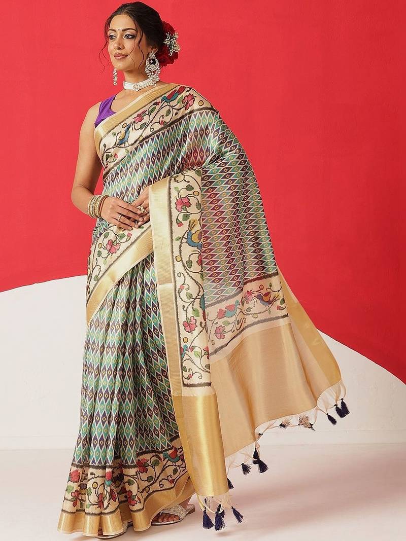 Beige printed tissue traditional saree with blouse piece