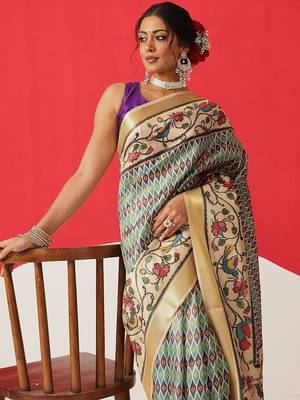 Beige printed tissue traditional saree with blouse piece 2