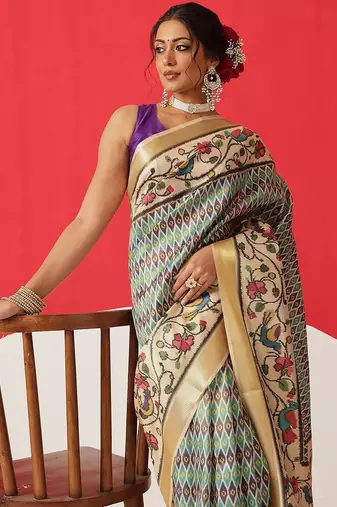 Beige printed tissue traditional saree with blouse piece