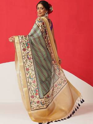 Beige printed tissue traditional saree with blouse piece 3