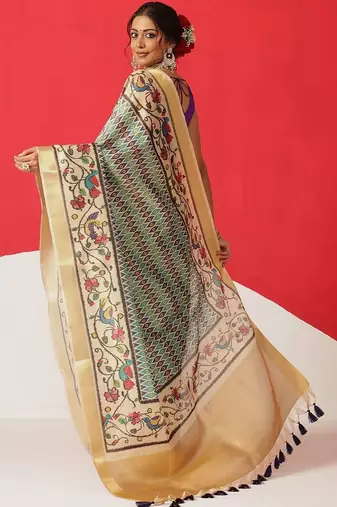 Beige printed tissue traditional saree with blouse piece