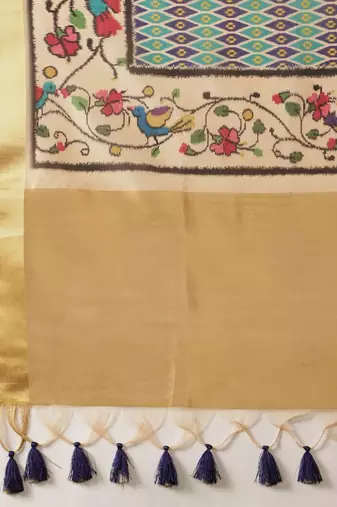 Beige printed tissue traditional saree with blouse piece