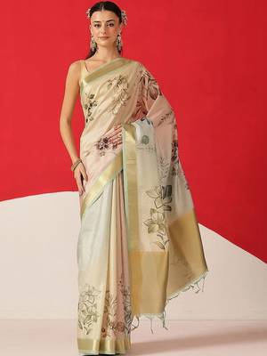 Off white printed tissue traditional saree with blouse piece 1