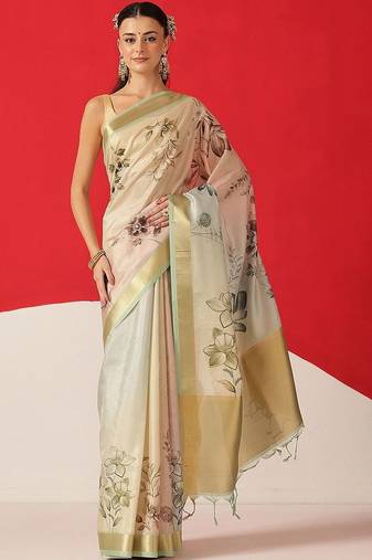 Off white printed tissue traditional saree with blouse piece