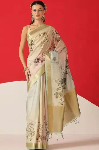 Off white printed tissue traditional saree with blouse piece