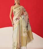 Off white printed tissue traditional saree with blouse piece