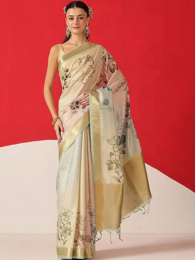 Off white printed tissue traditional saree with blouse piece