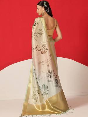 Off white printed tissue traditional saree with blouse piece 2