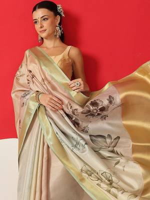 Off white printed tissue traditional saree with blouse piece 3