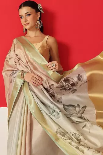 Off white printed tissue traditional saree with blouse piece