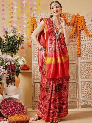 Red printed silk cotton ethnic saree with blouse piece 1
