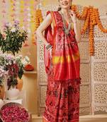 Red printed silk cotton ethnic saree with blouse piece