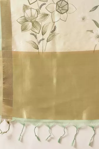 Off white printed tissue traditional saree with blouse piece