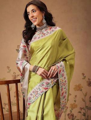 Lime woven art silk traditional saree with blouse piece 1