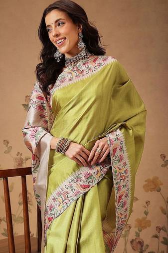 Lime woven art silk traditional saree with blouse piece
