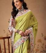 Lime woven art silk traditional saree with blouse piece