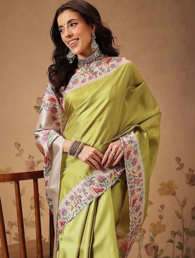 Lime woven art silk traditional saree with blouse piece
