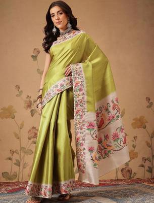 Lime woven art silk traditional saree with blouse piece 2