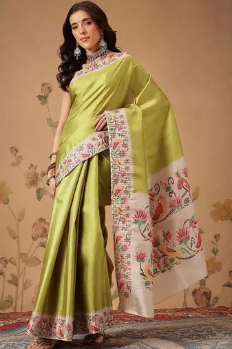 Lime woven art silk traditional saree with blouse piece