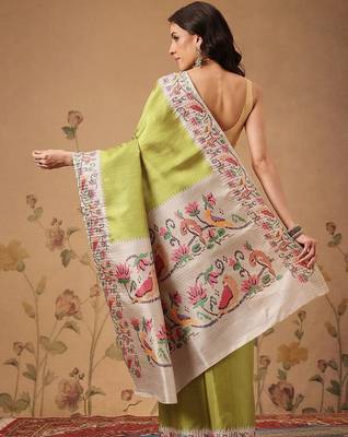 Lime woven art silk traditional saree with blouse piece 3