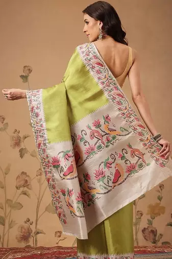 Lime woven art silk traditional saree with blouse piece
